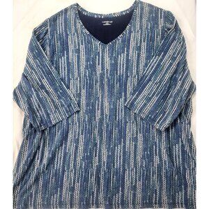 Catherines Women's Pullover Shirt Top Blue White Print Size 3X 3/4-Long Sleeve